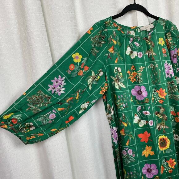 LOFT Green Floral Bird Butterfly Garden Puff Sleeve Shift Midi Dress Sz.M NWT - Picture 9 of 16